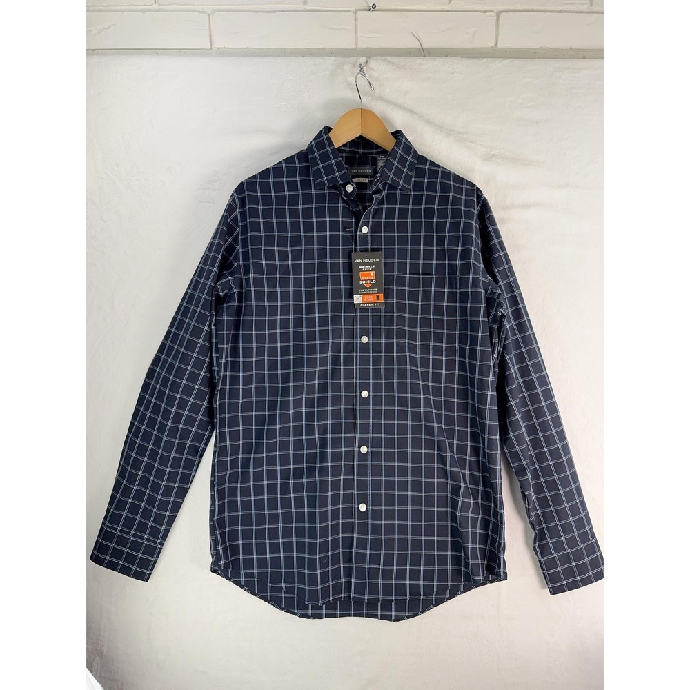 Van Heusen Shirt Mens Small Navy Blue White Plaid Classic Fit Button Down‎ NWT